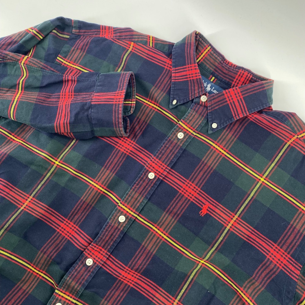 Ralph Lauren Big Shirt Mens XL Plaid Button Down Cotton Navy Green Red Pony